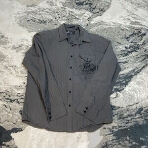 VTG Fox Racing Deluxe Shirt Mens L Long Sleeve Button Up Gray Striped Logo